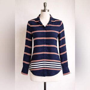 J.Crew 100% Silk Striped Button Up Blouse Navy Orange White Womens XXS